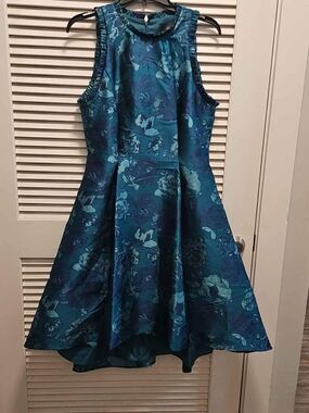 Adrianna Papell Teal Floral High-Low Sleeveless Fit-and-Flare Dress